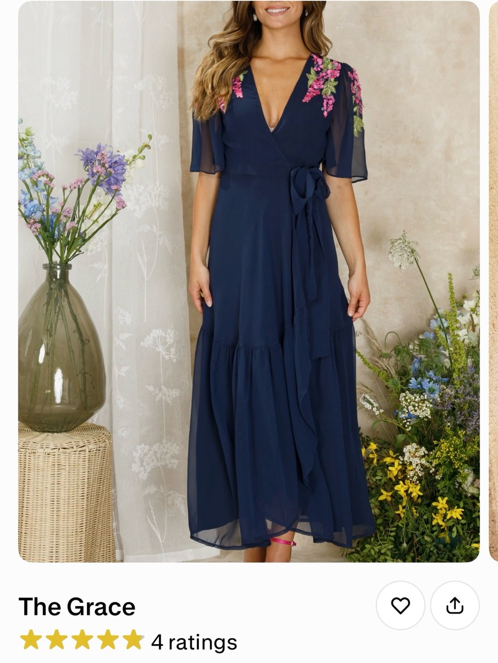 Floral-Embroidered Navy Maxi Wrap Dress with Tie Waist